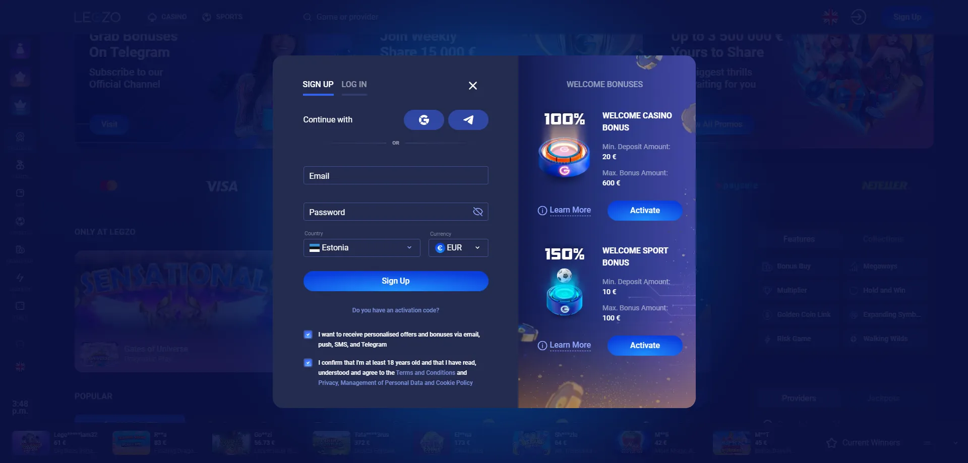 Legzo Casino konto registreerimine Eesti m&auml;ngijale &mdash; samm-sammult