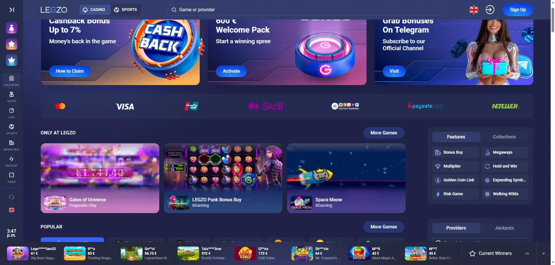 Legzo Casino sissemaksed ja v&auml;ljamaksed Eesti m&auml;ngijatele 2026