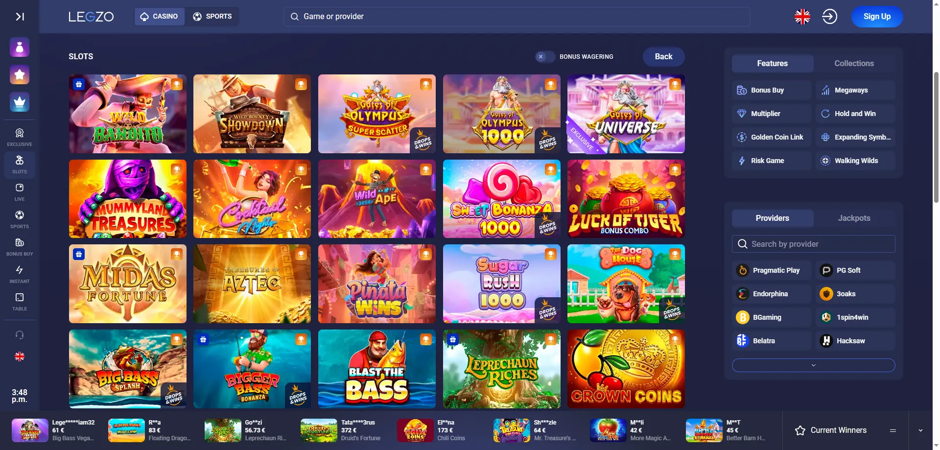 Legzo Casino m&auml;nguvalik &mdash; slotid, live-kasiino ja lauam&auml;ngud